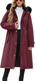 Women's Long Coats Winter Fleece Lined Warm Long Jackets for Women, Water Repellent Windproof Parka Coat Zip Up Button Drawstring Waist Overcoat with Pockets and Detachable Hood