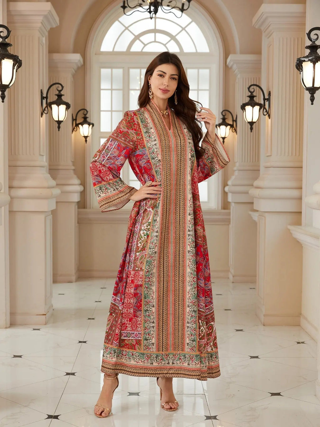 Bohemian Print Beaded Kaftan Dress, Long Evening Abaya Style Jalabiya, New Middle Eastern Women Fashion, Elegant Party Wear, Ethnic Print Kaftan