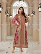 Bohemian Print Beaded Kaftan Dress, Long Evening Abaya Style Jalabiya, New Middle Eastern Women Fashion, Elegant Party Wear, Ethnic Print Kaftan