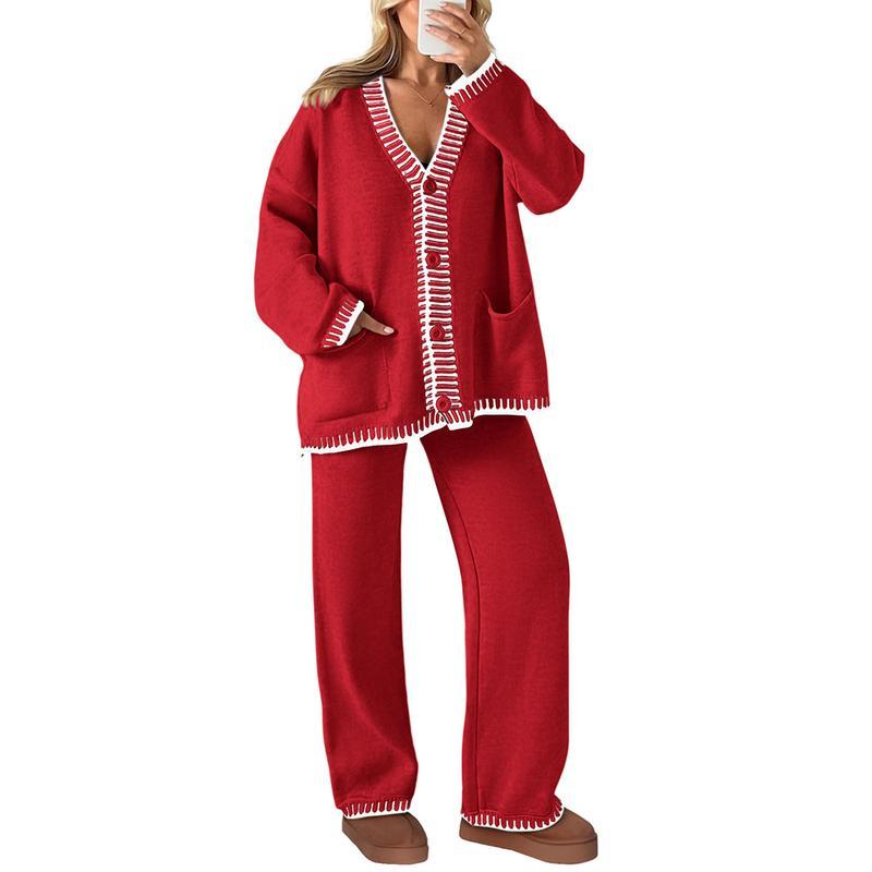 Women's 2 Piece Set Winter Knit Outfits Matching Loungewear Long Sleeve V Neck Cardigan Sweaters Wide Leg Pants Tracksuits