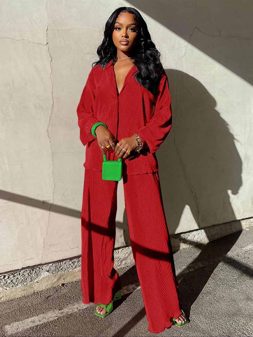 Women's Solid Button Front Shirt & Elastic Waist Pants Two-piece Set