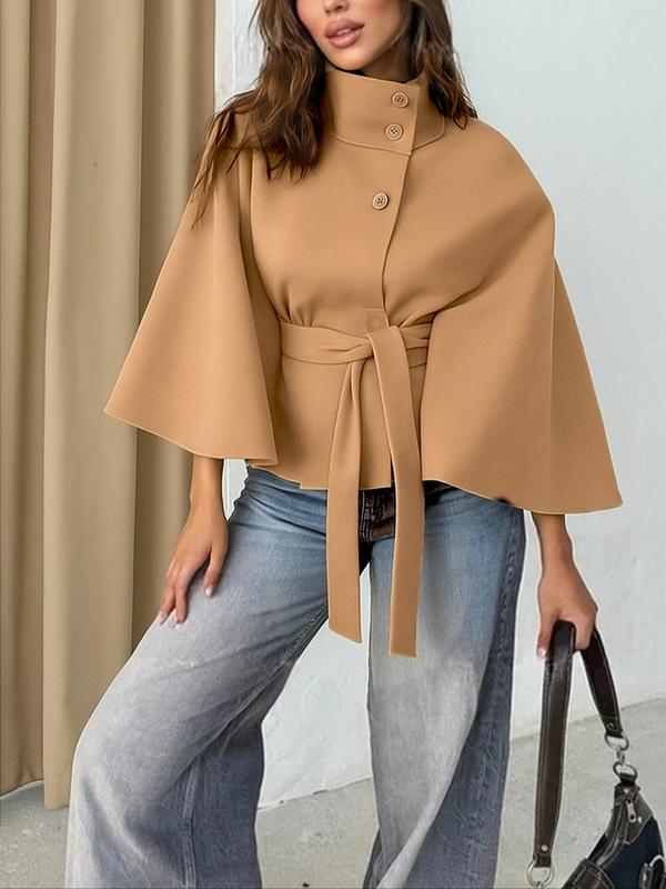 Women's Plain Front Buckle Belted Woolen Cape Coat, Casual Fall & Winter Outerwear, Stylish Daily Wear for Dating, Jackets