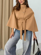 Women's Plain Front Buckle Belted Woolen Cape Coat, Casual Fall & Winter Outerwear, Stylish Daily Wear for Dating, Jackets