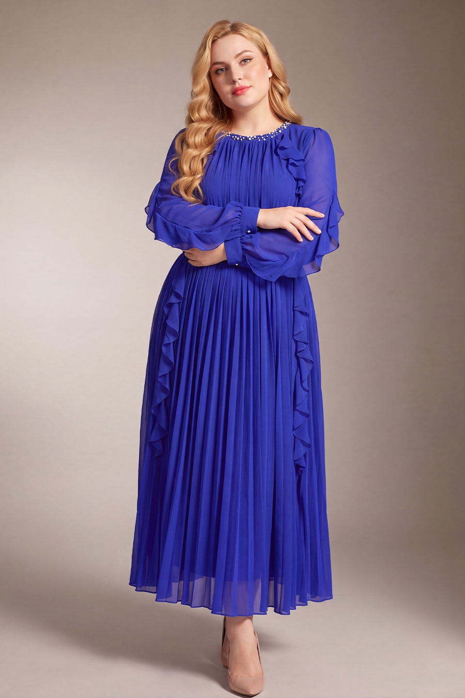 Curveins Plus Size Elegant Round Neck Long Sleeve Ruched Waist Slim Fit Evening Maxi Dress