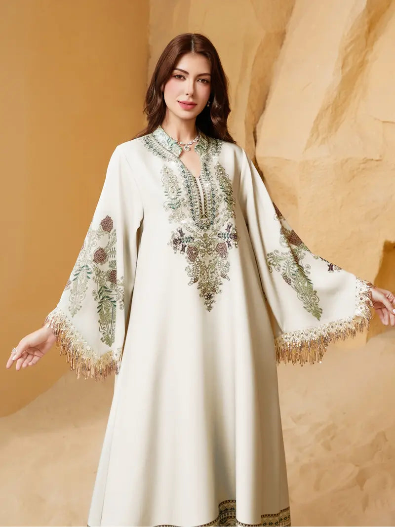 Women's Elegant Long Dress, Loose Fit Ethnic Print, Lace-Up Design, All-Season Wear, Perfect for Evening Occasions & Special Events