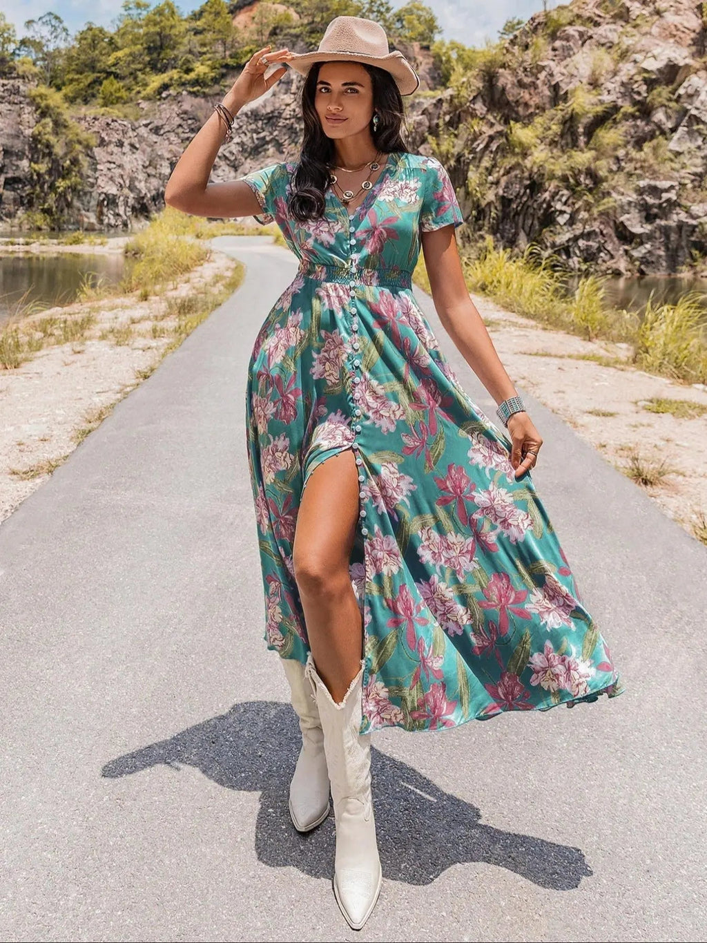 Women's Floral Print Button Front Shirred Bohemian Casual Wear Dress, Boho Pocket V Neck Short Sleeve A Line Dress, Women's Dress for Summer Beach Holiday Vacation, Casual Boho Chic