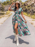 Women's Floral Print Button Front Shirred Bohemian Casual Wear Dress, Boho Pocket V Neck Short Sleeve A Line Dress, Women's Dress for Summer Beach Holiday Vacation, Casual Boho Chic