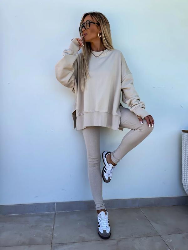 Oversize Two-Piece Set Women's  Split Hem Sweatshirt & Skinny Pants, Casual Fashion Cozy Round Neck Long Sleeve Pullover Women's Clothing for Fall & Basic Winter  Suits Womenswear Gamis
