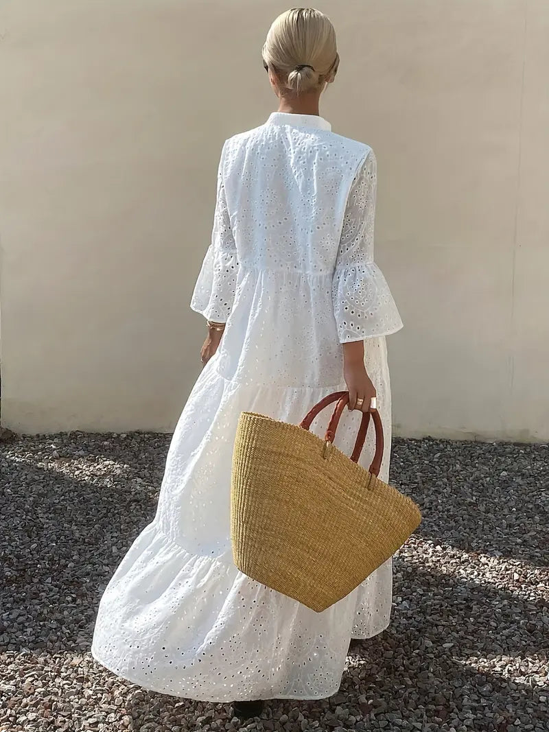women's white fashionable French flared sleeve tunic dress with elegant French style