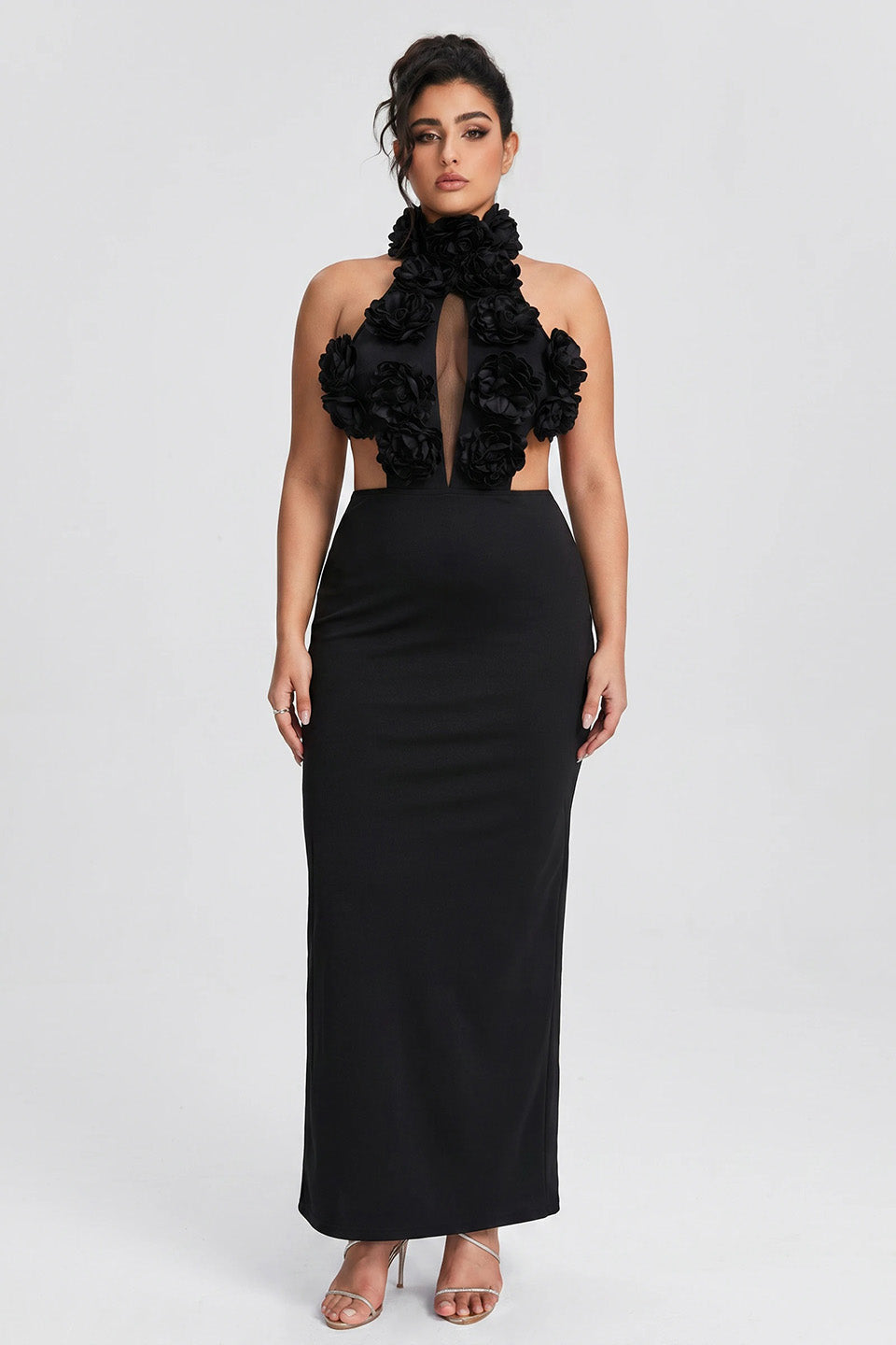 Curveins Plus Size Sexy Halter Neck Large Flower Fitted Back Slit Maxi Dress