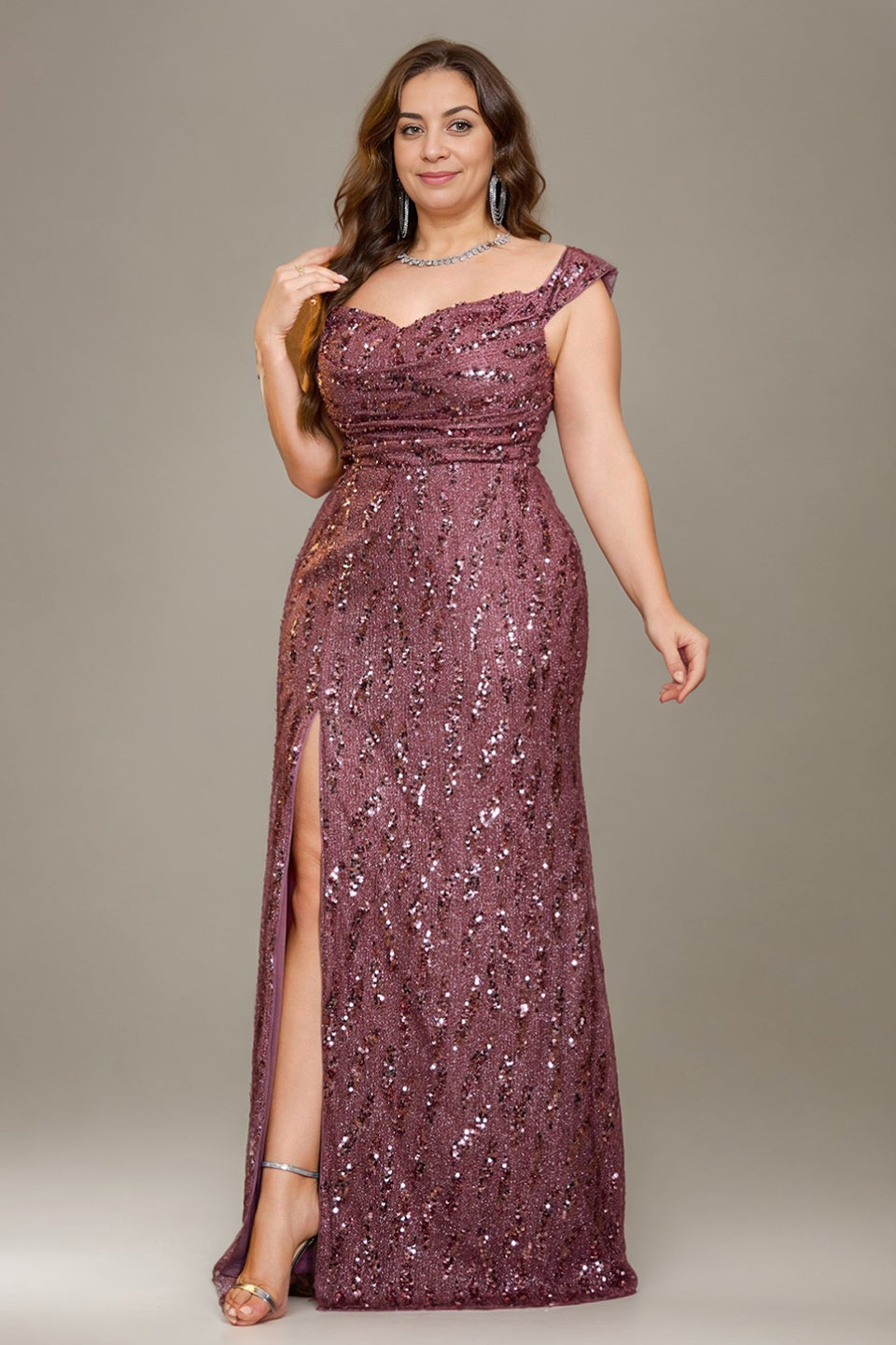 Curveins Plus Size V Neck Side Slit Spaghetti Strap Sequin Fitted Maxi Dress