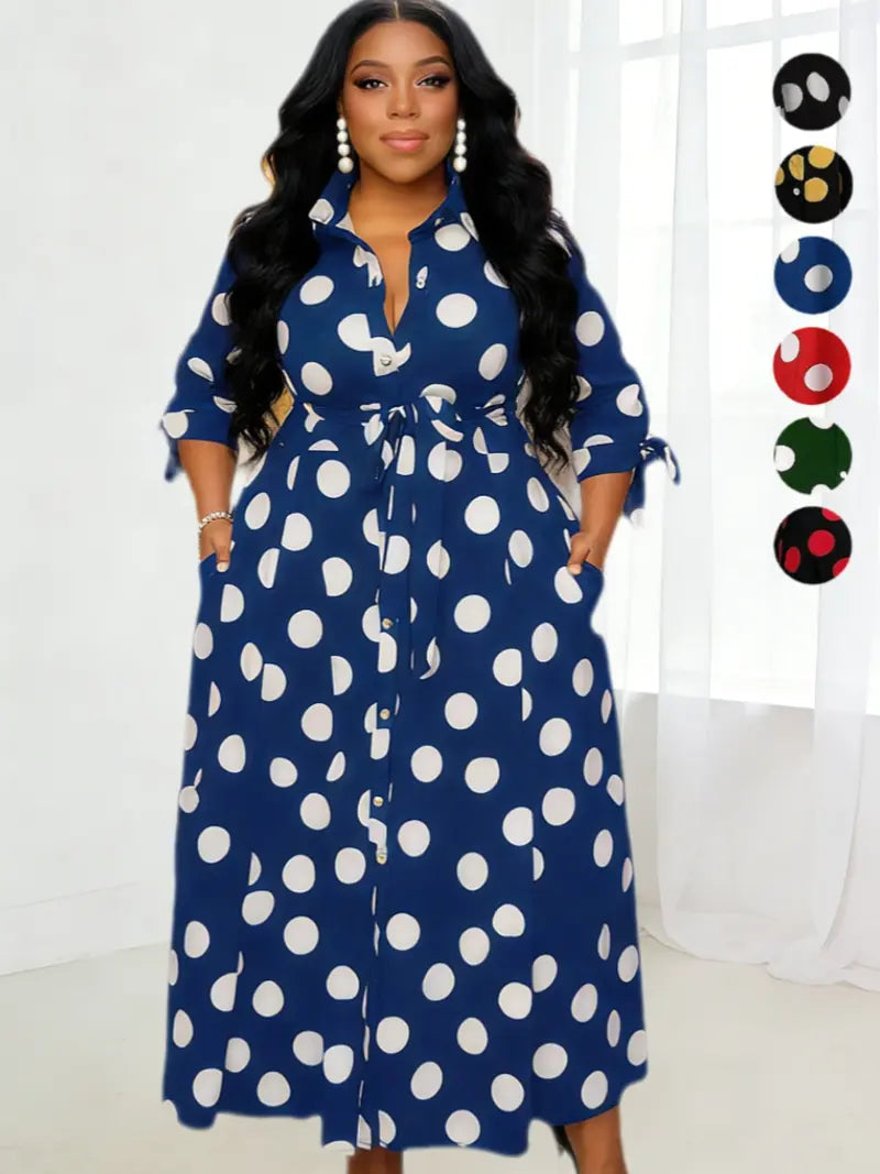 Plus-size polka-dot shirt dress with belt and front buttons