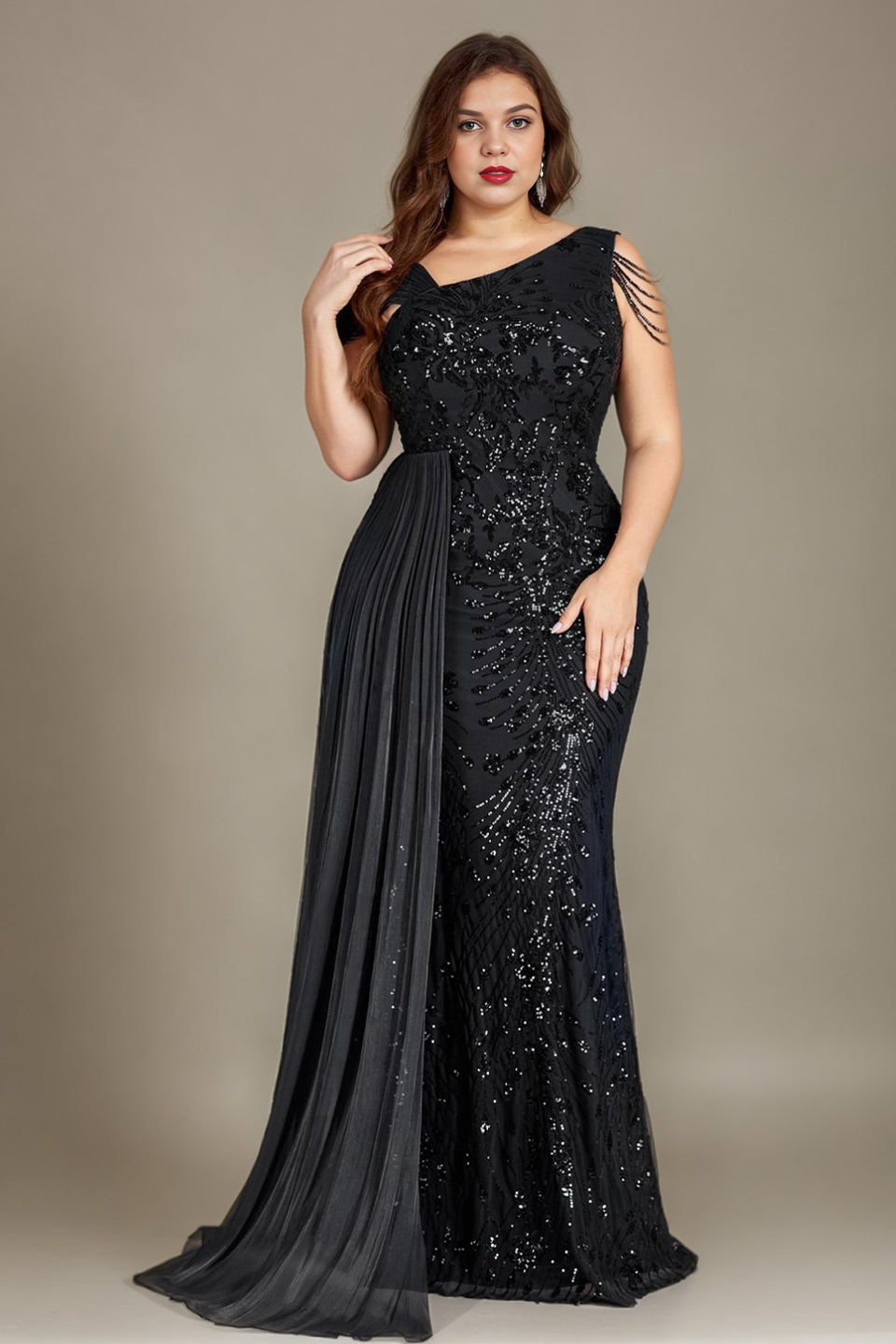 Curveins Plus Size One Shoulder Sleeveless Beaded Ribbon Elegant Maxi Dress