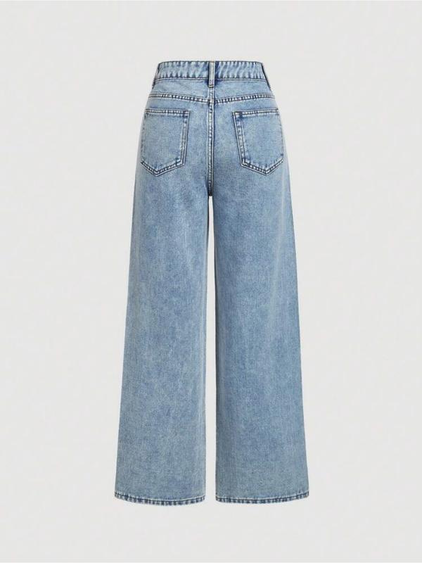 Women's Elegant High-Waisted Wide-Leg Jeans, Fitted Woven Fabric, Rhinestone Embellished, All-Season Fashion Pants