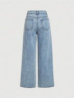 Women's Elegant High-Waisted Wide-Leg Jeans, Fitted Woven Fabric, Rhinestone Embellished, All-Season Fashion Pants