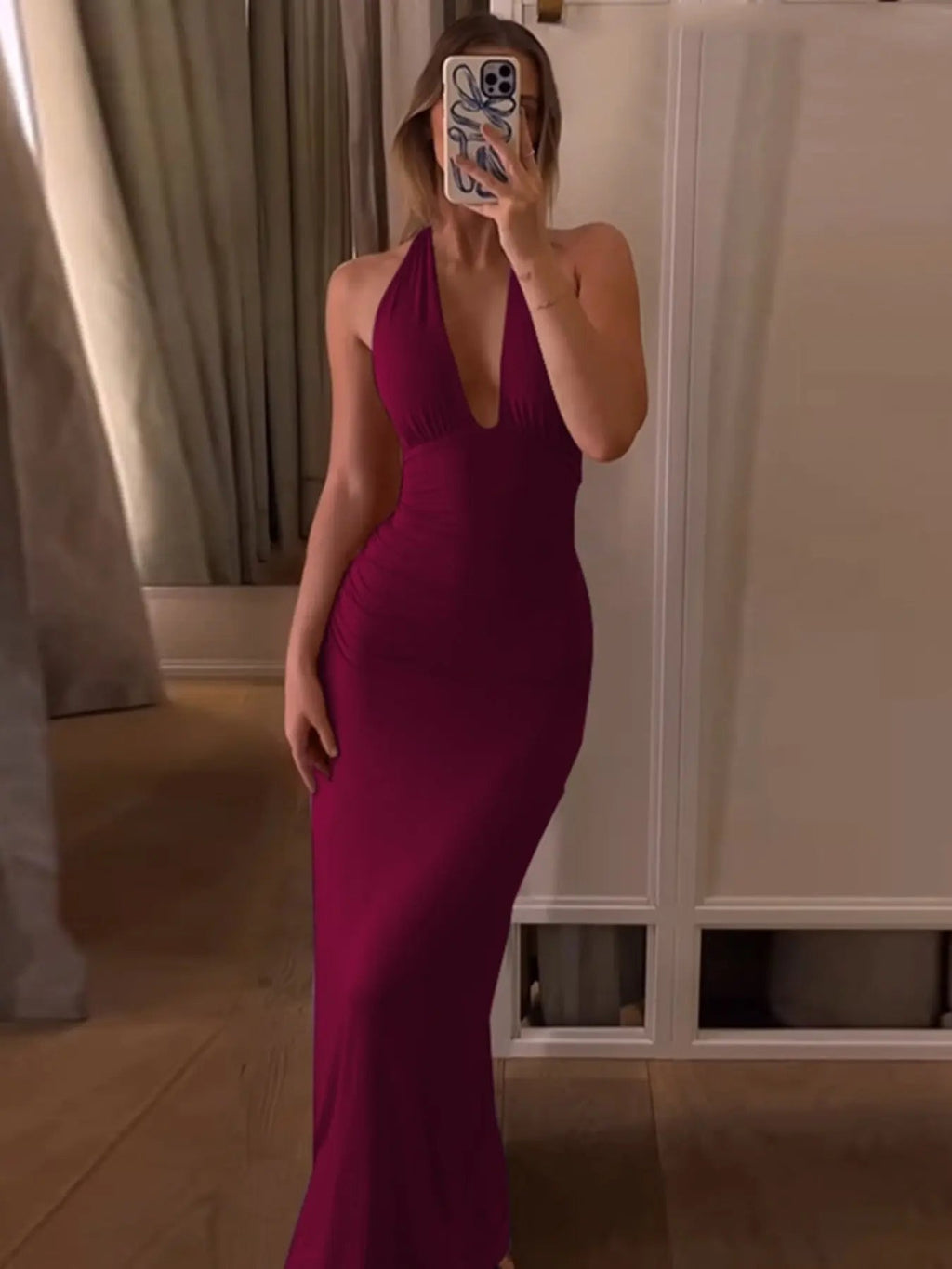 Women's Solid Backless Halter Neck Bodycon Dress