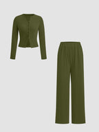 Women's Fall Winter Casual Slim-Fit Long Sleeve Round Neck Top & Pants Set, Plain Pattern Moderate Fabric, Two-Piece