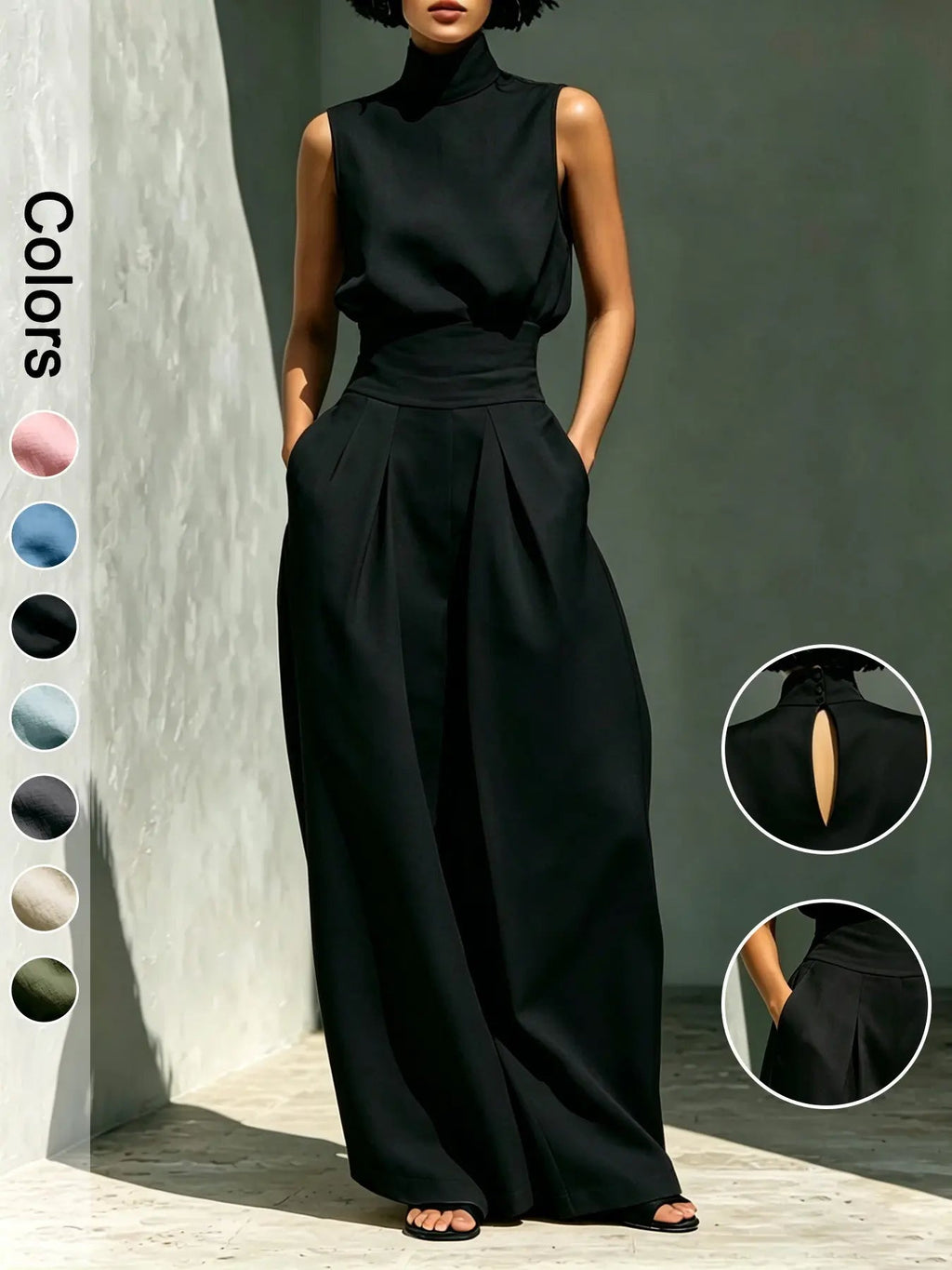 Women's Two-Piece Set High Neck Sleeveless Top and Long Pants, Elegant Style High Waist Wide Leg Pants Set, Fashionable Ladies