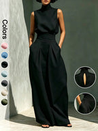 Women's Two-Piece Set High Neck Sleeveless Top and Long Pants, Elegant Style High Waist Wide Leg Pants Set, Fashionable Ladies