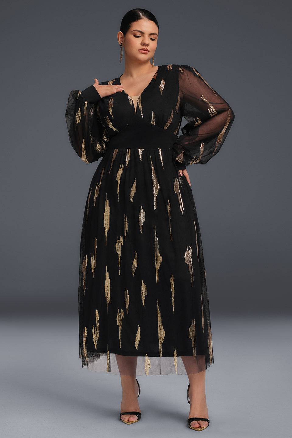 Curveins Plus Size V-Neck Sequin Long Sleeve Maxi Dress