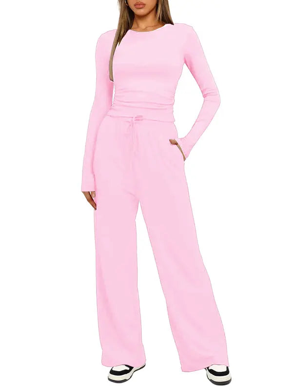 Women's Solid Ruched Drawstring Loungewear Set, Casual Long Sleeve Round Neck Top & Pocket Wide Leg Trousers, Ladies Sleepwear for All Seasons