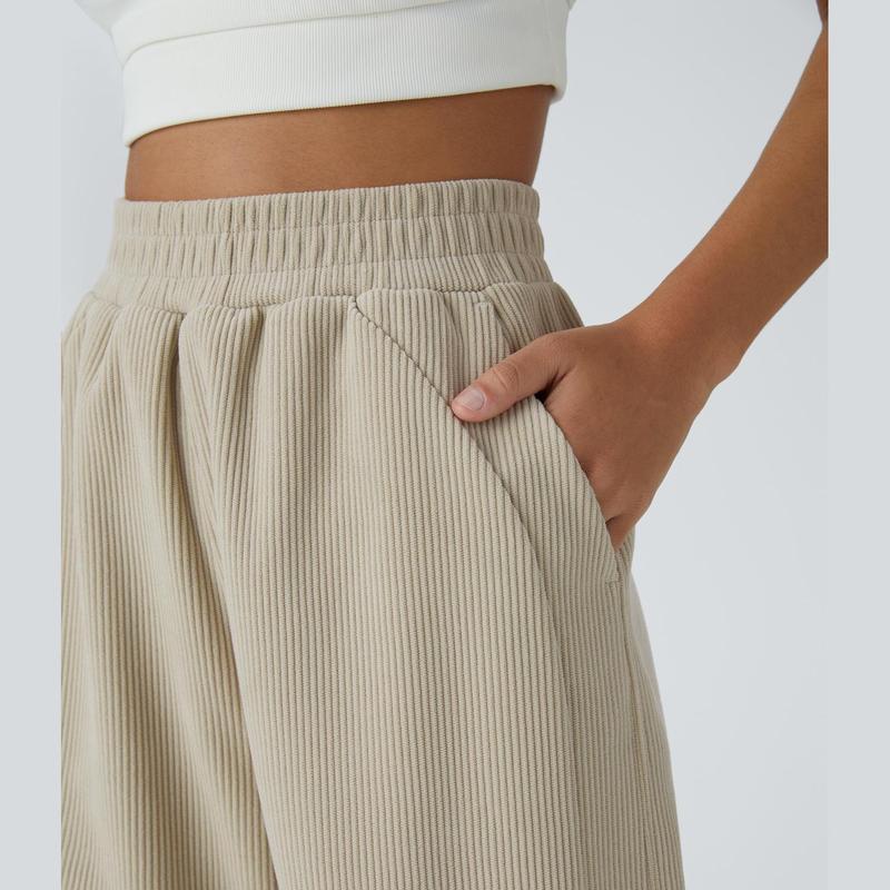 High Waisted Side Pocket Straight Leg Mop Corduroy Casual Pants