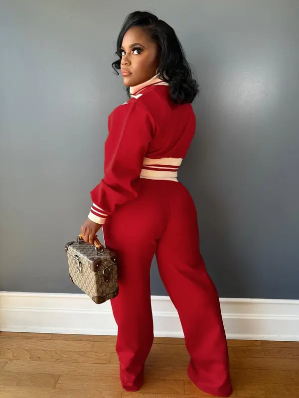 Women's Colorblock Print Zip Up Crop Jacket & Pants Two-piece Set, Casual Fashion Cozy Breathable Two Piece Outfits for Daily Outdoor Wear, Women Clothes for Fall & Winter