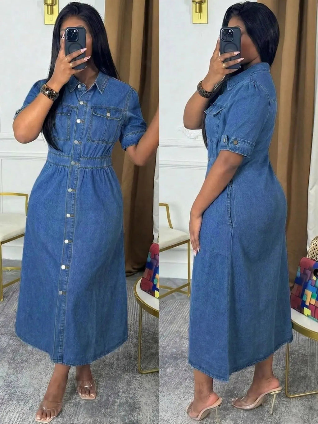 Chic Denim Shirt Dress - Button Down Midi with Chest Pockets & Cuffed Sleeves | Effortless Casual Jean Dress