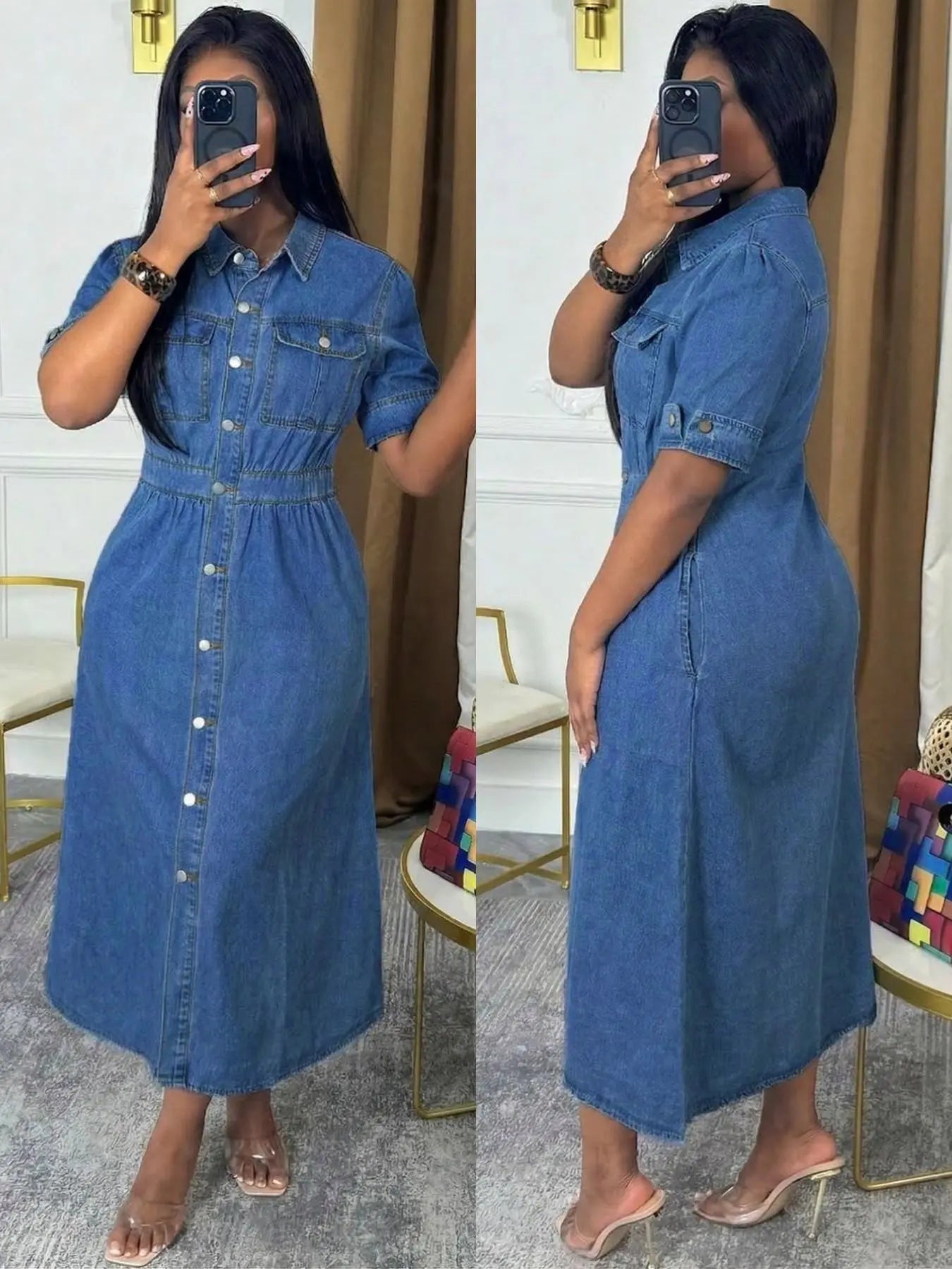 Chic Denim Shirt Dress - Button Down Midi with Chest Pockets & Cuffed Sleeves | Effortless Casual Jean Dress