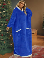 Autumn Winter Christmas Flannel Cotton Blend Hooded Long Robe, Soft Comfortable Homeewear with Vertical Pocket, Casual Plain Style