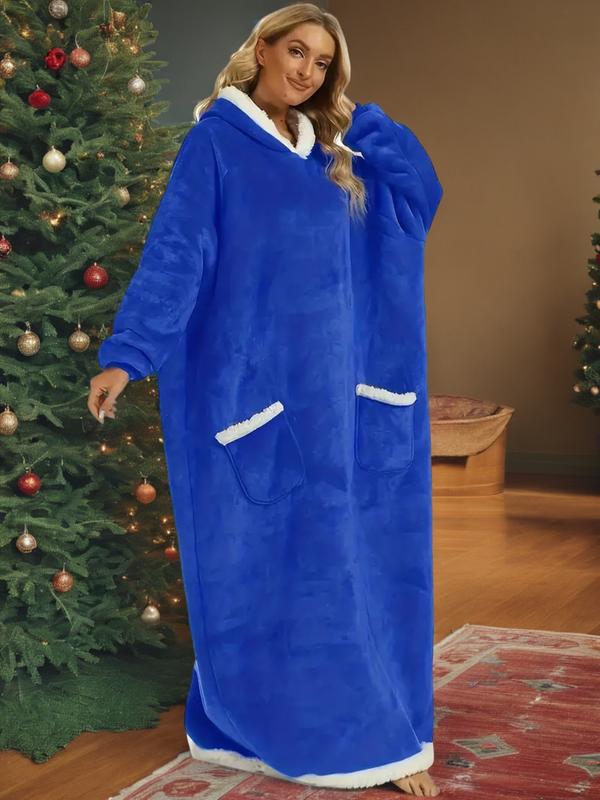 Autumn Winter Christmas Flannel Cotton Blend Hooded Long Robe, Soft Comfortable Homeewear with Vertical Pocket, Casual Plain Style