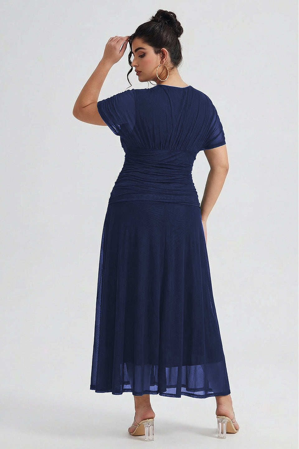 Curveins Plus Size V Neck Batwing Sleeve Cinched Waist Maxi Dress