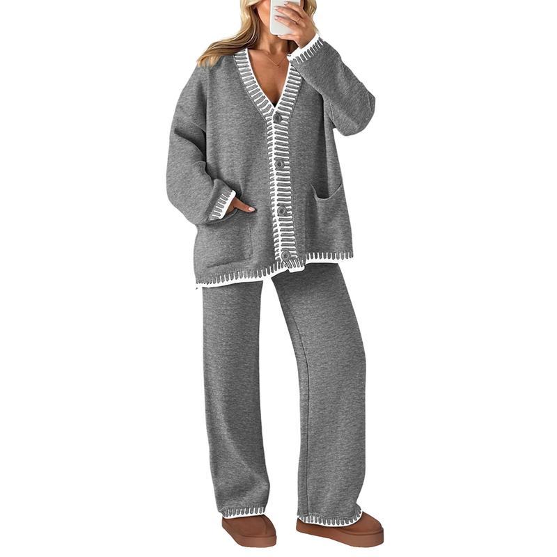 Women's 2 Piece Set Winter Knit Outfits Matching Loungewear Long Sleeve V Neck Cardigan Sweaters Wide Leg Pants Tracksuits