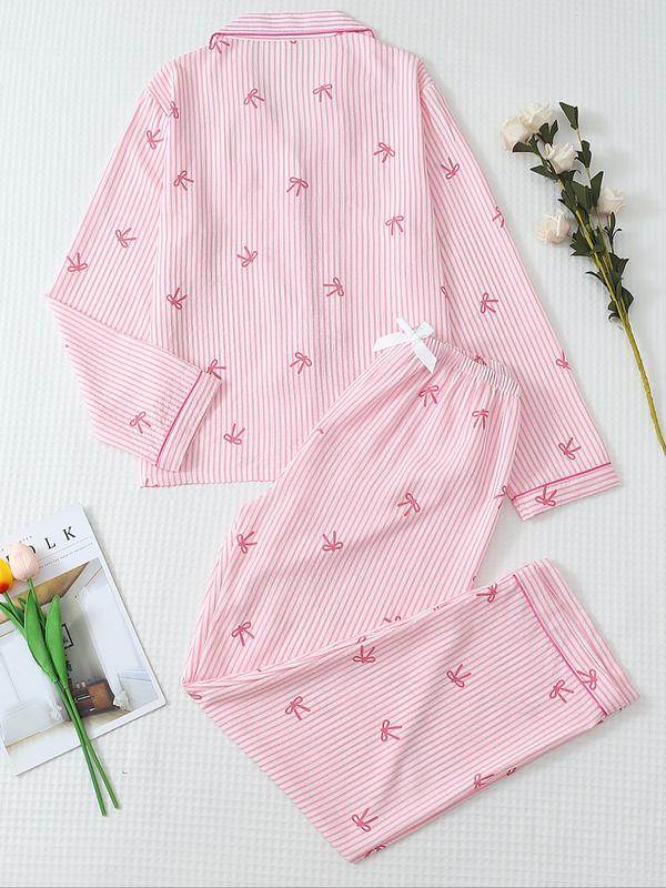 Women's Striped Bow Print Long Sleeve Pajama Set, Sweet Cute Button Front Top and Pants, Casual Home Wear for All Seasons