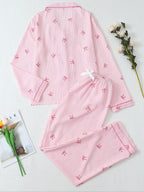 Women's Striped Bow Print Long Sleeve Pajama Set, Sweet Cute Button Front Top and Pants, Casual Home Wear for All Seasons