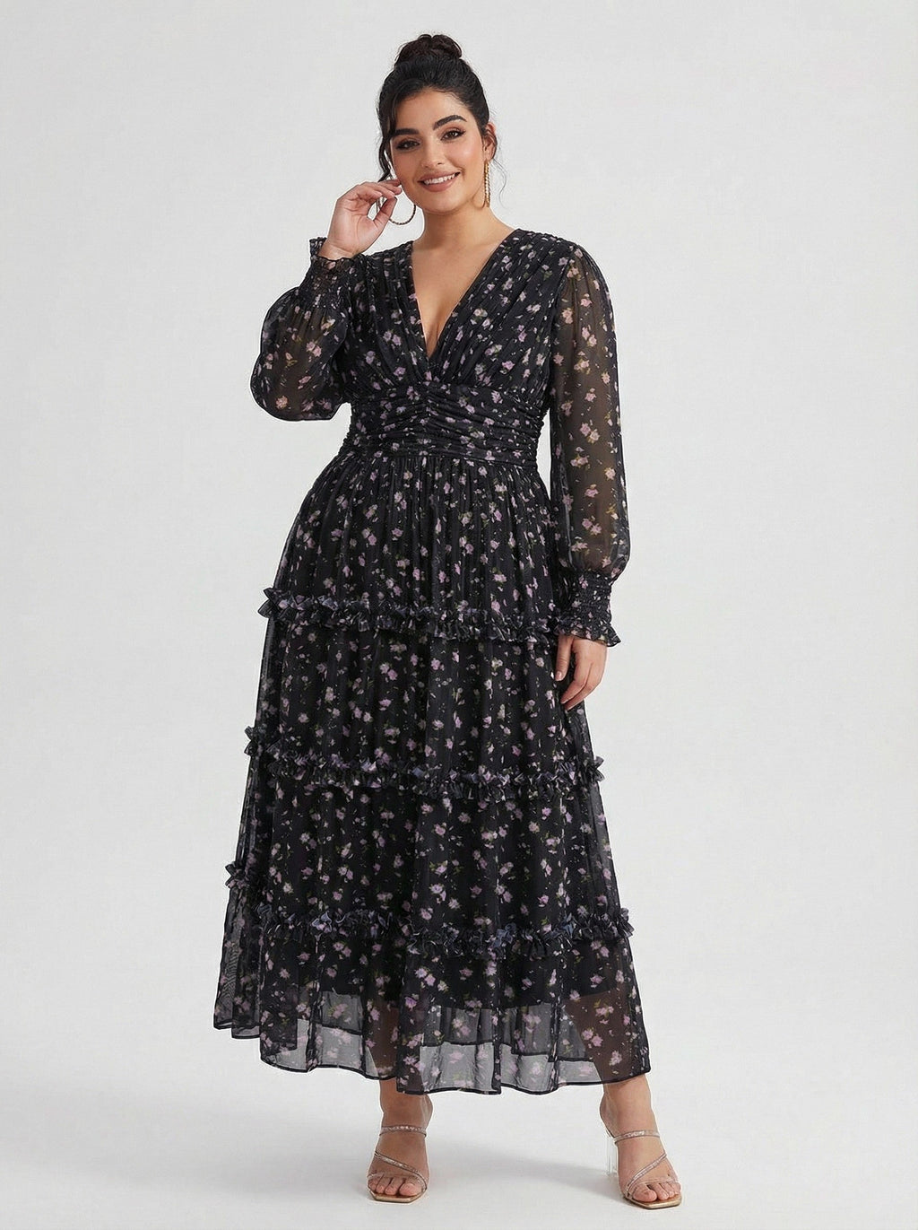 Curveins Plus Size V Neck Long Sleeve Floral Tiered Maxi Dress