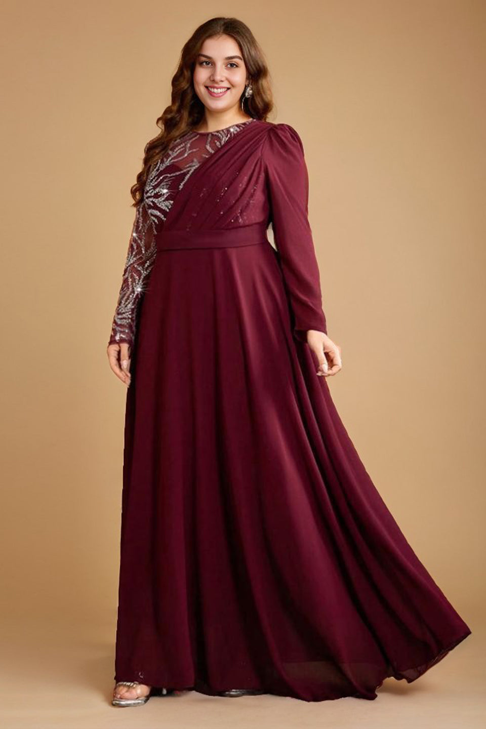 Curveins Plus Size Elegant Ruched Waist Long Sleeve Round Neck Maxi Dress