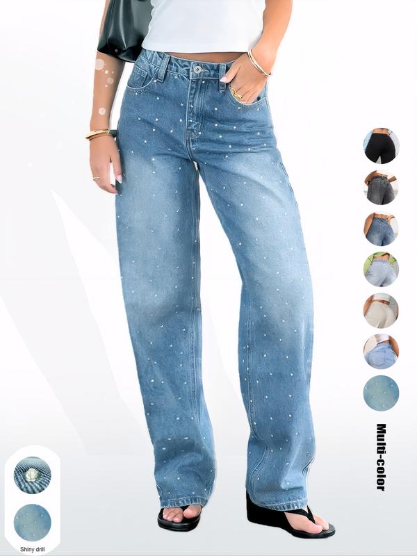 Women's Elastic Waist Pocket Button Denim Jeans, Casual Fashion Comfortable Pants for All Seasons, Perfect for Any Leisure Occasion, Denim Clothing