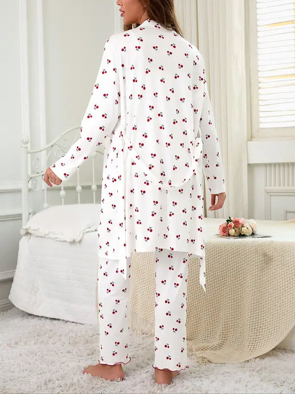 Cherry Print Women's Nightgown Set + Strap Pants