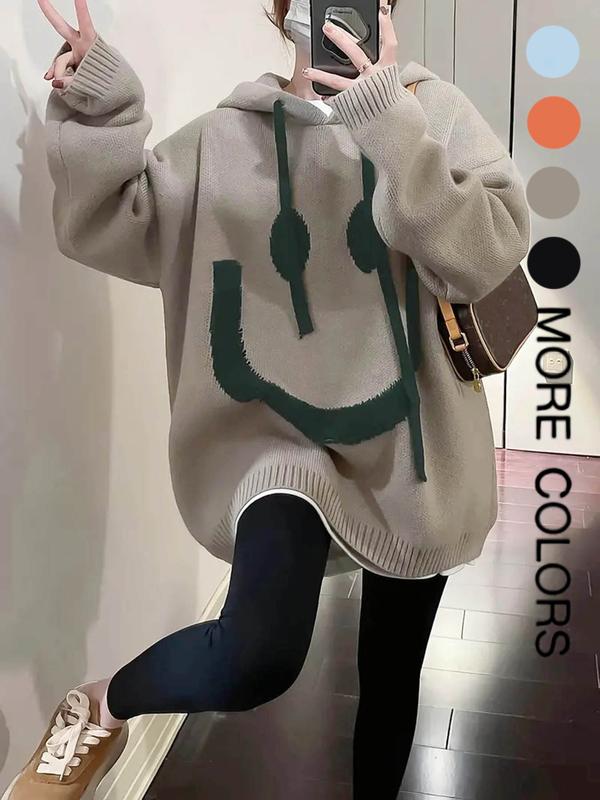 Women's Cartoon Face Print Drop Shoulder Hooded Sweater, Fashion Casual Long Sleeve Drawstring Hooded Sweater for Daily Holiday Outdoor Wear, Women Knitwear for Fall & Winter, Sweaters for Women