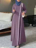 Women's Fashion Long Sleeve Round Neck Solid Color Casual Dress, Elegant Lace Trim Robe Style, Perfect for Daily Wear & Special Occasions