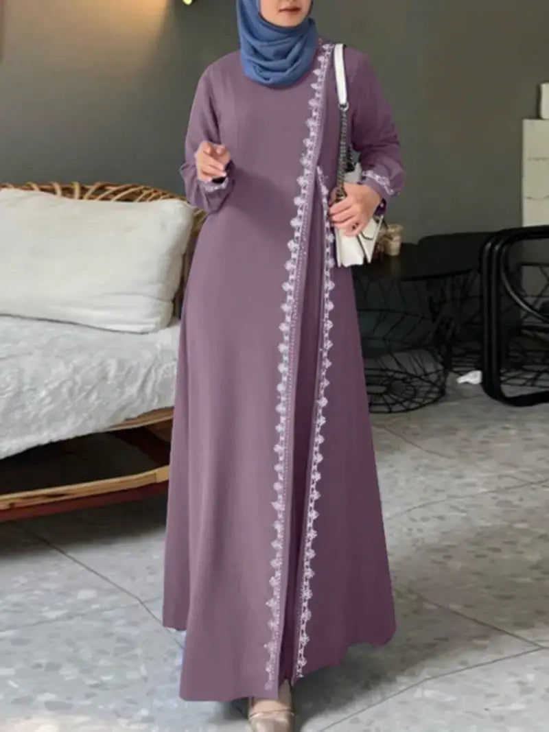 Women's Fashion Long Sleeve Round Neck Solid Color Casual Dress, Elegant Lace Trim Robe Style, Perfect for Daily Wear & Special Occasions