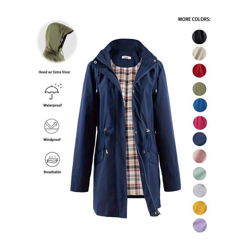Women's Solid Color Drawstring Zip-Up Hooded Trench Coat Long Sleeve Waterproof Windproof Soft Comfortable Casual Outerwear Suitable For Spring Fall Daily Wear Outings