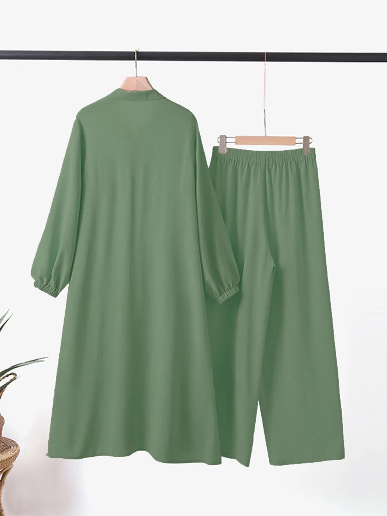 Two-Piece Set Women's Solid Color Asymmetrical Hem Button Front Longline Shirt & Wide Leg Pants, Casual Pocket Bishop Sleeve Collared Top & Elastic Waist Trousers for Fall & Winter, Women's Clothes for Daily Wear, Women's Outfit Sets
