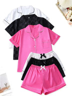 Women's Solid Contrast Binding Bow Decor Pajama Set, Short Sleeve Button Front Lapel Shirt & Shorts Pj Set, Ladies Summer Sleepwear & Loungewear