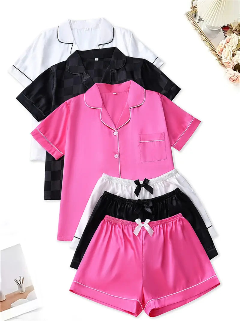 Women's Solid Contrast Binding Bow Decor Pajama Set, Short Sleeve Button Front Lapel Shirt & Shorts Pj Set, Ladies Summer Sleepwear & Loungewear
