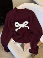 Elegant Bow Knit Sweater for Women, Sweet Autumn Winter Fashion, Thick Casual Pullover Top, Unique Design, Versatile Outerwear