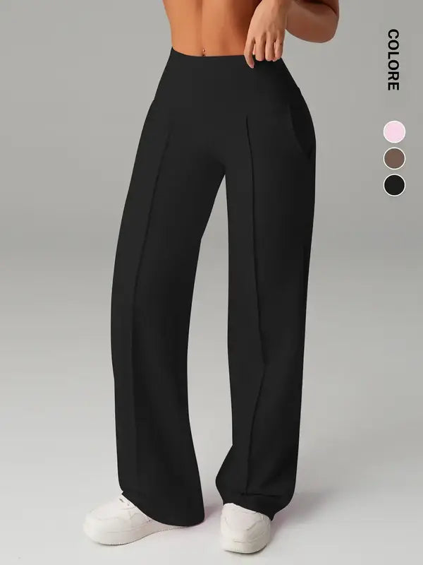 Women's High Waisted Side Pocket Joggers, Casual Sporty Yoga Pants, Loose Fit Elastic Waist, All Seasons Long Regular Leggings