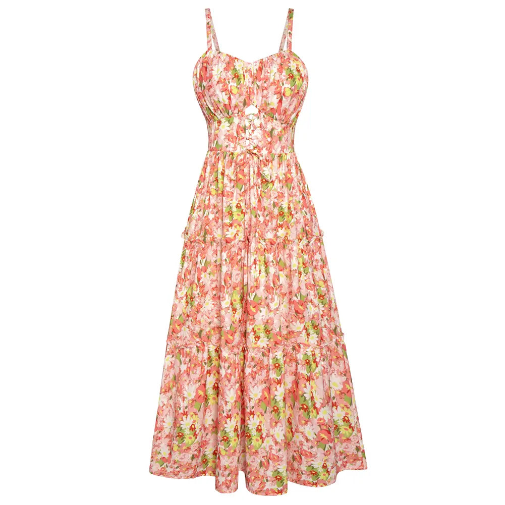 Women's Casual Bohemian Floral Maxi Sundress - Summer Spaghetti Strap Smocked Tiered Beach Dress with Pockets, Plus Size, Boho Clothes for Women