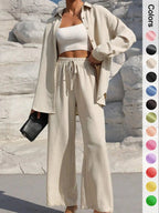 Women's Solid Button Front Shirt & Tie Front Wide Leg Pants Two-piece Set, Casual Drop Shoulder Long Sleeve Top & Trousers 2 Piece Set for Spring & Fall, Women's Clothes for Daily Wear, Casual Outfits Women